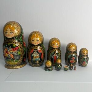 Vintage Russian Matryoshka Nesting Dolls Hand Painted 10 Piece Fairytales 10”